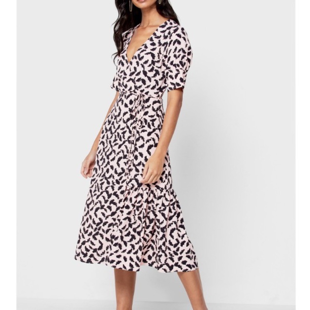 Topshop Pink Black Print Button Wrap Midi Dress
